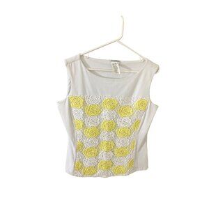 NaraCamicie Women's White, Yellow Embroidered Cap Sleeve Top - III (XL)